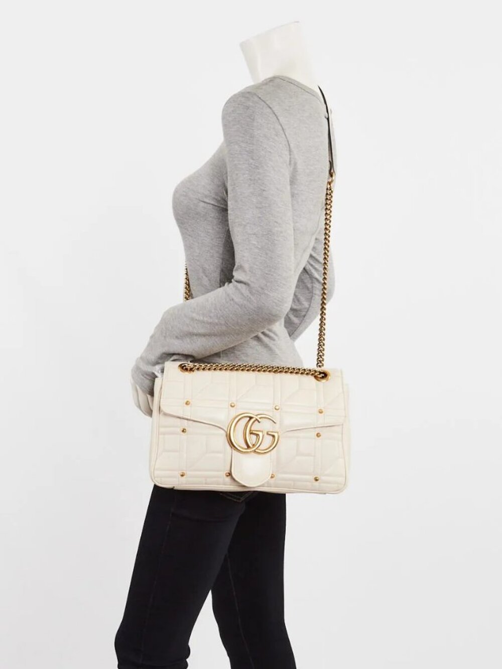 Gucci White Leather 2.0 Studded Marmont Metalasse Medium Shoulder Bag